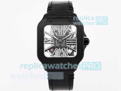 TW Factory Replica Cartier Santos Dumont Skeleton Watch Black Steel